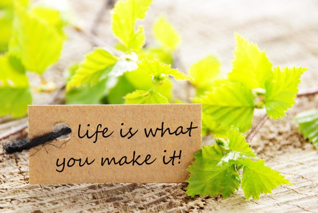 szczescie-ajwendieta.jpg A Natural Looking Label with Green Leaves and the Saying Life Is What You Make It on it